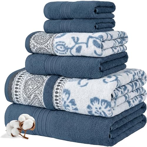 Modern Threads 6-Piece 100% Cotton Bath Towel Set - Navy Floral