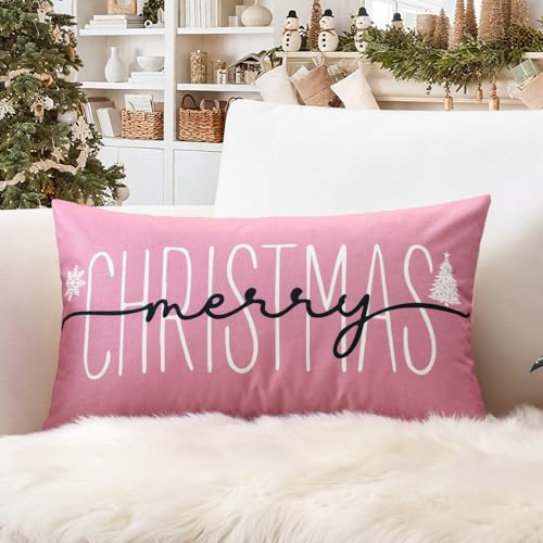 OTOSTAR Christmas Pillow Cover 12x20 Inch Pink Holiday Throw Pillowcase Winter Decor