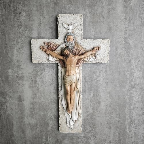 Holy Trinity Crucifix Wall Cross - 9.5-Inch Hand-Painted Stone Resin