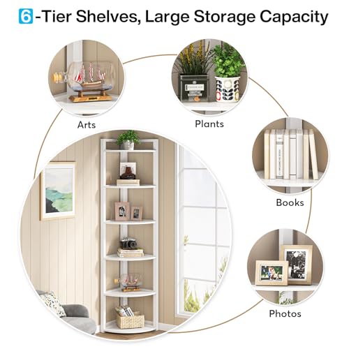 6-Tier Corner Bookshelf, 71-Inch Tall Modern Storage Display Stand (White)