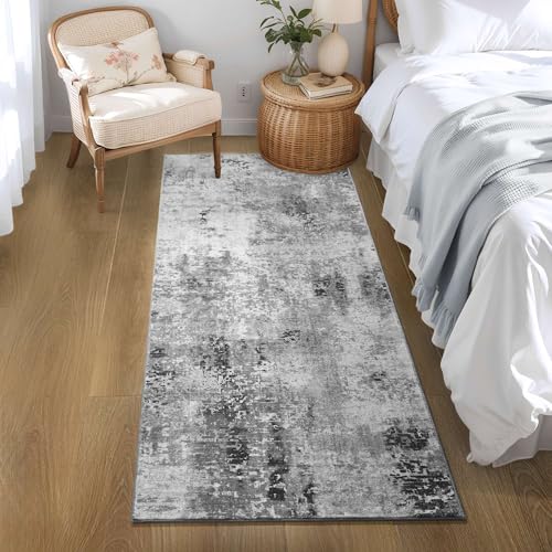2x6 Abstract Runner Rug - Non-Slip Washable Grey Hallway Carpet