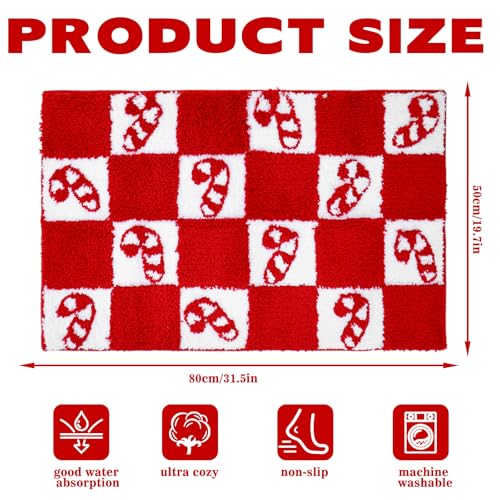 Christmas Rug Bath Mat with Candy Cane Checkered Design, Non-Slip 19.7 x 31.5 Inches