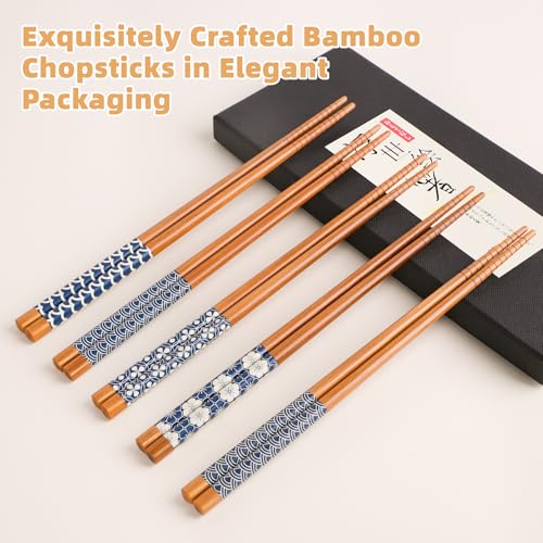 5 Pairs Natural Bamboo Chopsticks, Reusable Japanese Style Gift Set