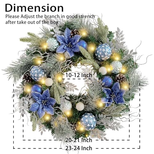 Wanna-CUL 24-Inch Pre-Lit Frozen Winter Christmas Wreath with Blue Poinsettia & Timer Lights - Silver Blue Variation