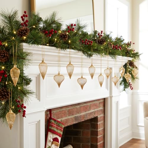 12 Pcs Golden Mesh Ball Christmas Ornaments – A Style, Hollow Hanging Decor 4x1.6in & 3x2in