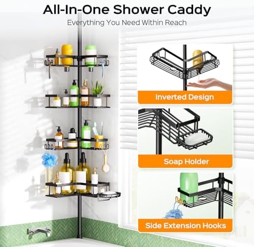 HAMITOR Shower Caddy - 4-Tier Rustproof Bathroom Organizer with Adjustable Tension Pole | No-Drill Design - 47-123 Inch Black