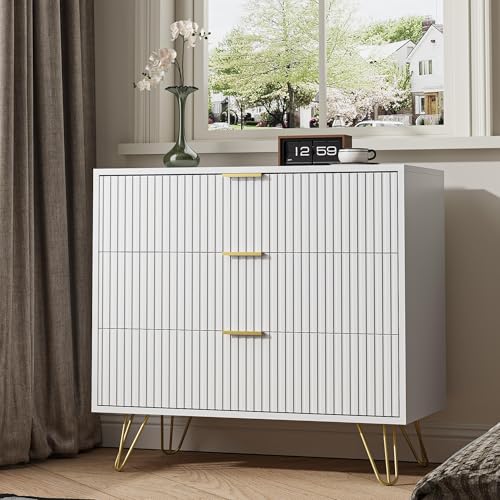 Modern 3-Drawer Fluted Dresser with Gold Handles, White Bedroom Storage Chest