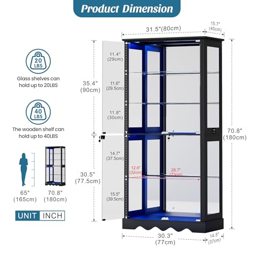 71" Tall Glass Display Cabinet with RGB Motion Sensor LED Lighting, Black