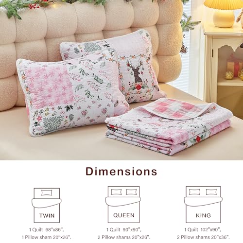 Joyreap 3-Piece Christmas Quilt Set Queen Pink Patchwork 88x88 All-Season Microfiber