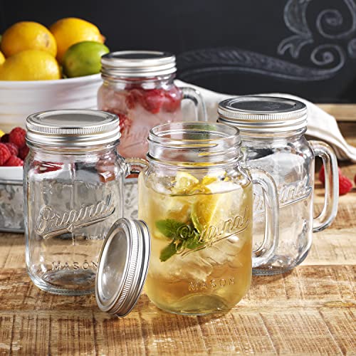 Glaver's Set of 4 16Oz Mason Jar Glass Mugs with Handle & Lid - Home Essentials