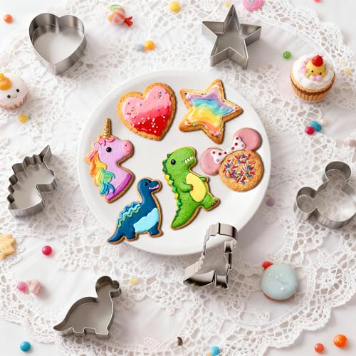 6 Pieces Stainless Steel Cookie Cutters - Mickey, Unicorn, Dinosaur, Heart, Star - Silver