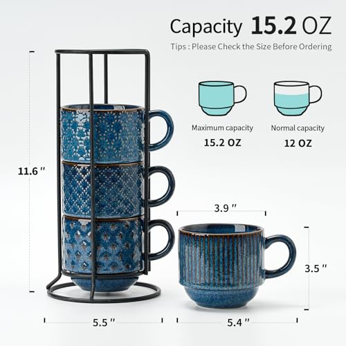 JH JIEMEI HOME Blue 15oz Ceramic Coffee Mug Set of 4 with Stand - Embossed, Stackable, Microwave & Dishwasher Safe