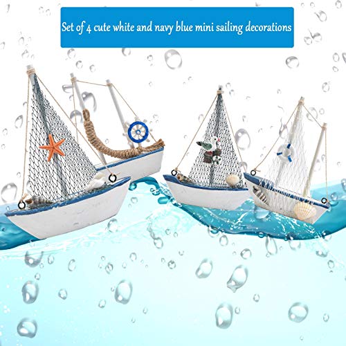 4-Piece Mini Wooden Sailboat Table Decor - Nautical Beach Bathroom Ornament