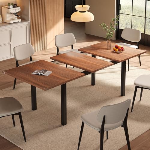 Extendable Rectangular Dining Table, 47-63 Inch Modern Walnut Wood Table