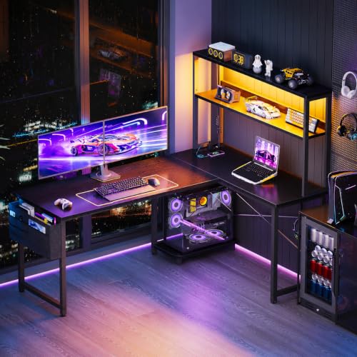 53-Inch L-Shaped Gaming Desk with LED Lights, Power Outlets & Storage