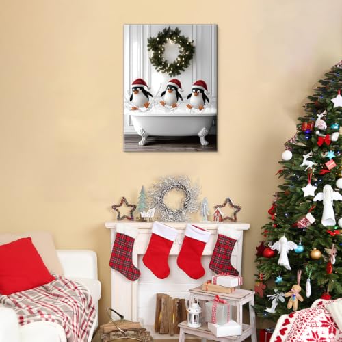 Funny Penguins Christmas Bathroom Wall Art Decor - Canvas Print G - 11x15 Inches