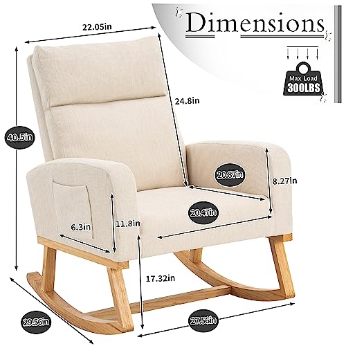 Upholstered Nursery Rocking Chair with High Back and Side Storage Pocket