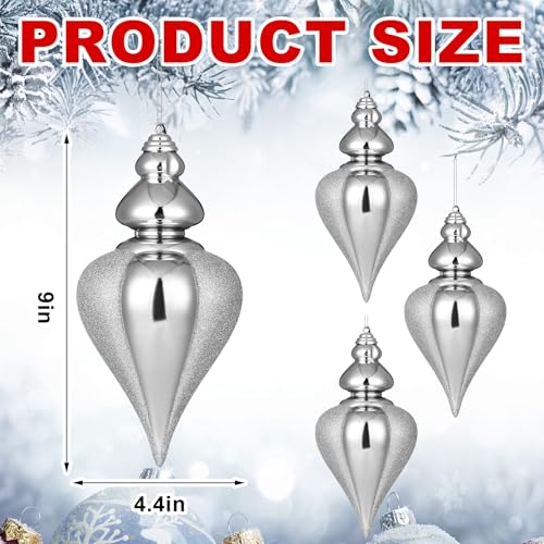 Soulchen 4 Pack 9-Inch Silver Glitter Christmas Ball Ornaments - Finial Drop Decor