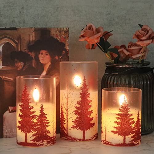Red Christmas Tree Flameless Candles with Remote & Timer - Frosted Glass, 3 Inches, Set of 1-3