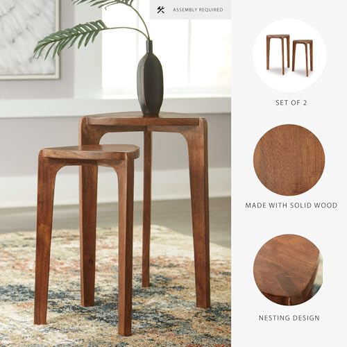 Triangular Nesting Side Tables, Solid Wood Set of 2, Medium Brown