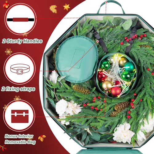 24 Inch Hard Shell Christmas Wreath Storage Bag with Pouch