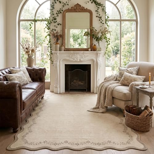 5x7 Scalloped Area Rug, Washable Non-Slip Low Pile Carpet for Living Room