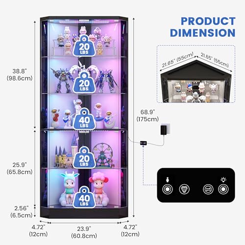 5-Tier Corner Display Cabinet with RGB Lighting and Lock, 69-Inch Tall