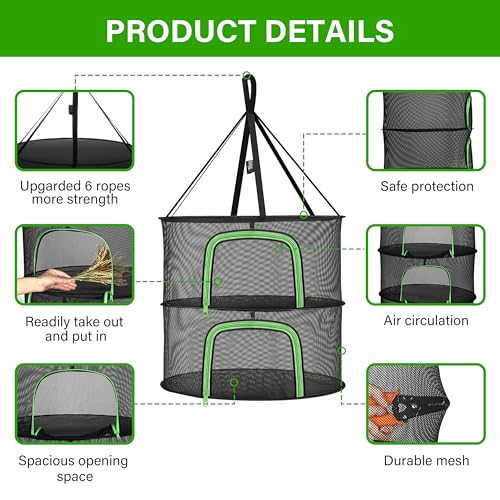 iPower Herb Drying Rack 2-Layer 2ft Hanging Mesh Net Dryer Collapsible with U-Shape Zippers, Pothook, Carabiner and Storage Bag, for Hydroponics Plants, Fruits, Seafoods, Clothes, 2 Packs