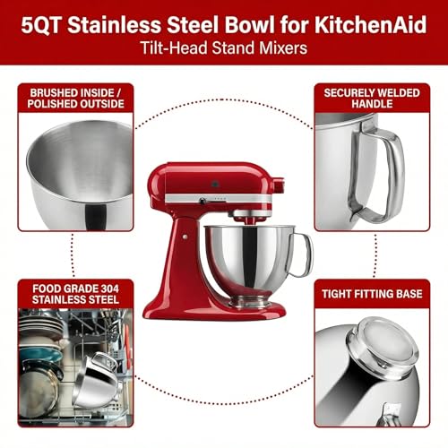 5-Quart Stainless Steel Mixing Bowl with Handle for Tilt-Head Stand Mixers