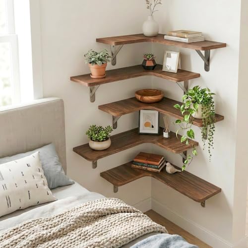 5-Piece Corner Floating Shelves, Solid Wood Wall Shelves with Metal Brackets