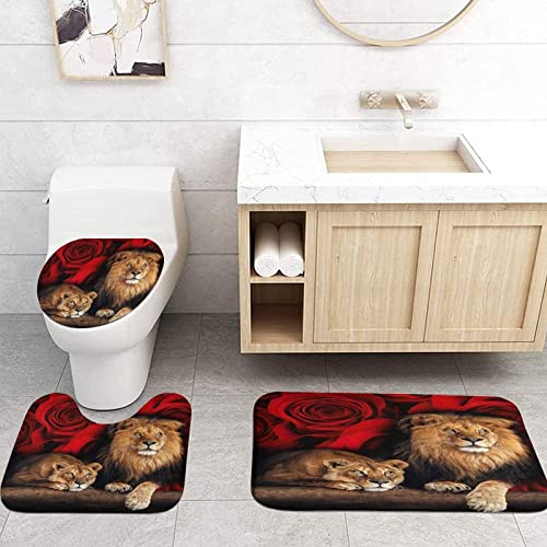 4-Piece Lion and Red Rose Shower Curtain Set with Non-Slip Bath Rugs