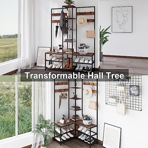 Corner Hall Tree with Shoe Bench, 10-Hook Industrial Coat Rack & Storage