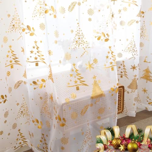 Karseteli Christmas Tree Gold Foil Curtains 2 Panels 52W x 63L White (Pack of 2) Rod Pocket