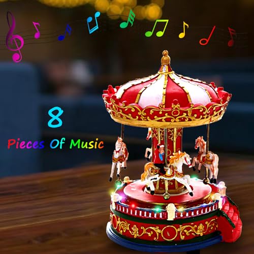 Musical Christmas Carousel Village Figurine with Revolving Horses & 8 Songs