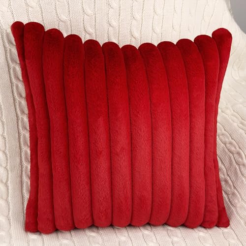 Faux Fur Velvet Throw Pillow Covers 18x18 - Set of 2 Soft Red Cushion Cases