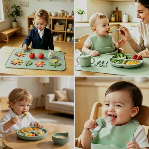 19-Piece Silicone Baby Feeding Set with Suction Plates and Utensils