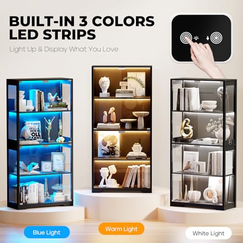 4-Tier Glass Display Cabinet with 3-Color LED Lights, Black Curio Case