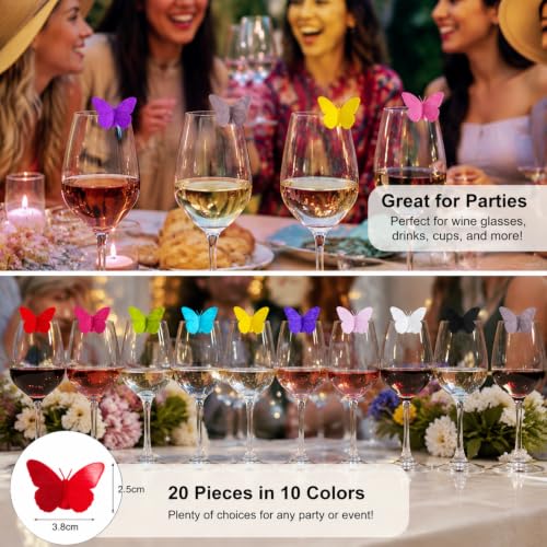 Outus Butterfly Wine Glass Markers Set – 20 Silicone Drink Charms with Suction Cups for Parties
