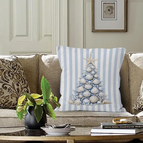 Blue Beach Christmas Tree Throw Pillow Cover 18x18 Home Decor - Seasonal Accent