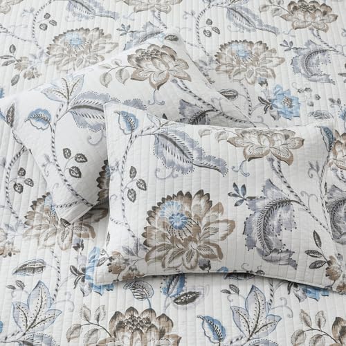 King Bedspread Set with Floral Design & Reversible Shams - Cotton