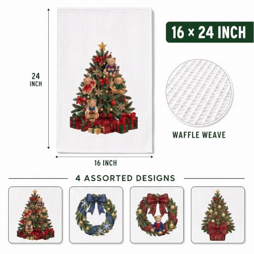 CrystalSylara Christmas Dish Towels Set of 4 - Classic Holiday Kitchen Decor