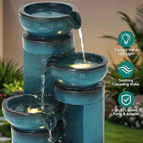 4-Tier Outdoor Water Fountain with LED Lights, 19.3-Inch Faux Ceramic Finish