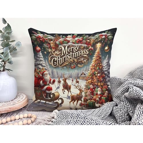 2 Pack 16x16 Inch Merry Christmas Santa Reindeer Snowflake Pillow Covers - Home Decor Cushion Cases for Sofa Bed Living Room