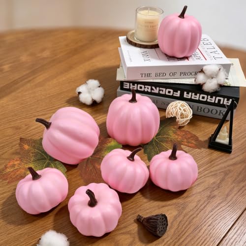 7-Piece Pink Artificial Foam Pumpkin Set for Fall Thanksgiving Decor