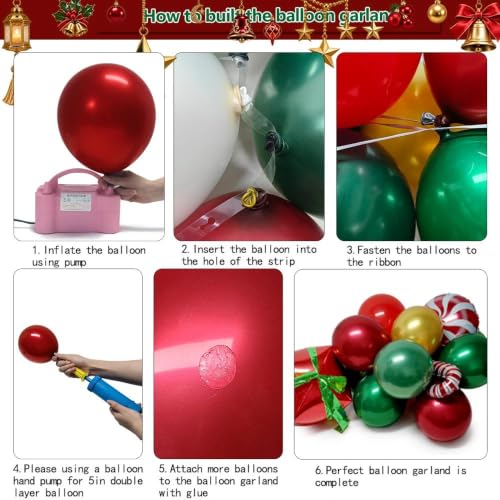 Double Stuffed Christmas Balloon Garland Kit - Dark Emerald Green, Red & Gold, Includes Double-Layer Balloons for Holiday Decorations