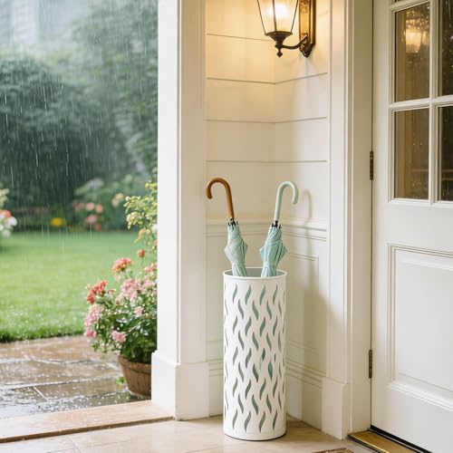 Metal Umbrella Stand for Entryway - Slim Storage Rack with 4 Hooks (White)
