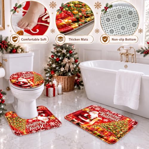 Ruikyhom Christmas Bathroom Sets with Shower Curtain & Rugs - Red Gold