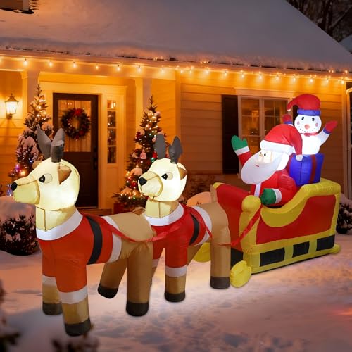 Cllayees 8ft Santa Claus & Snowman on Sleigh with Reindeers, LED Xmas Blow Up outdoor Inflatable