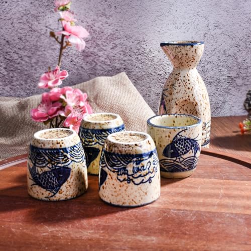 Japanese Ceramic Sake Set of 5 - Traditional Flask & Cups for Hot Cold Serving