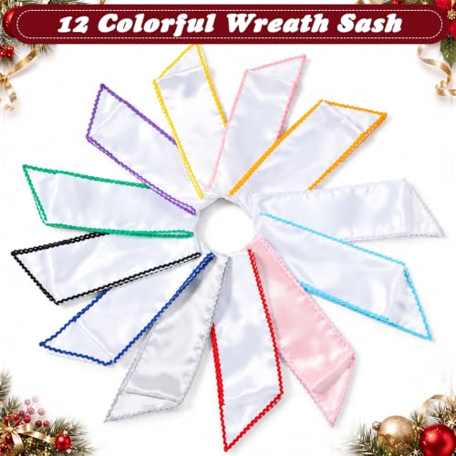 VitalCozy 12-Pcs Scalloped White Wreath Sash with Colorful Trim for Front Door 56in